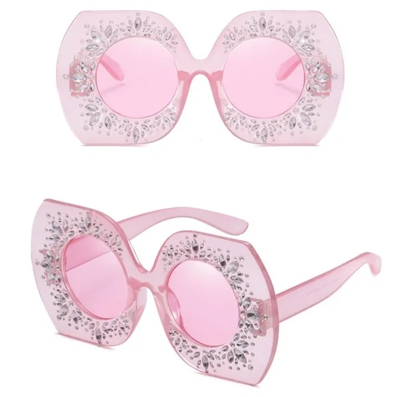 Giant Glam Girl baby pink oversized  Rhinestone Sunglasses total glam - Picture 4 of 4